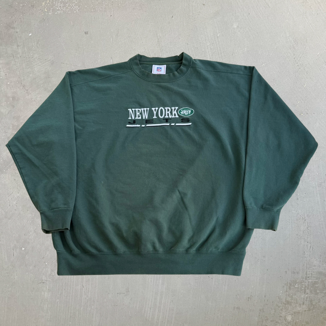J- Vintage New York Jets NFL Embroidered Logo & Text Graphic Crewneck - 2XL