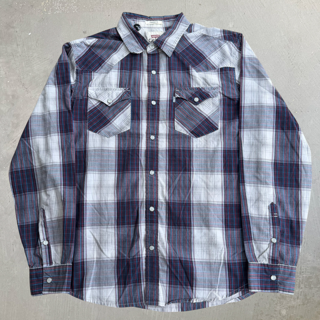 J- Vintage Levi's Western Plaid Pearl Snap Button Down Shirt - M