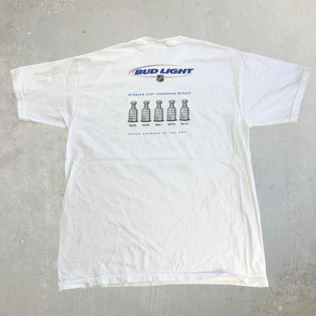 J- Vintage Boston Bruins NHL Bud Light Stanley Cup Champion Text Tee - L
