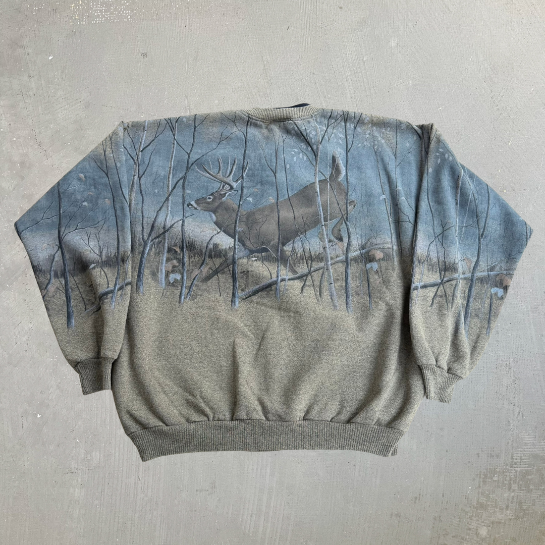 J- Vintage Forest Glen Apparel Deers All Over Print Made In USA Henley Crewneck - L