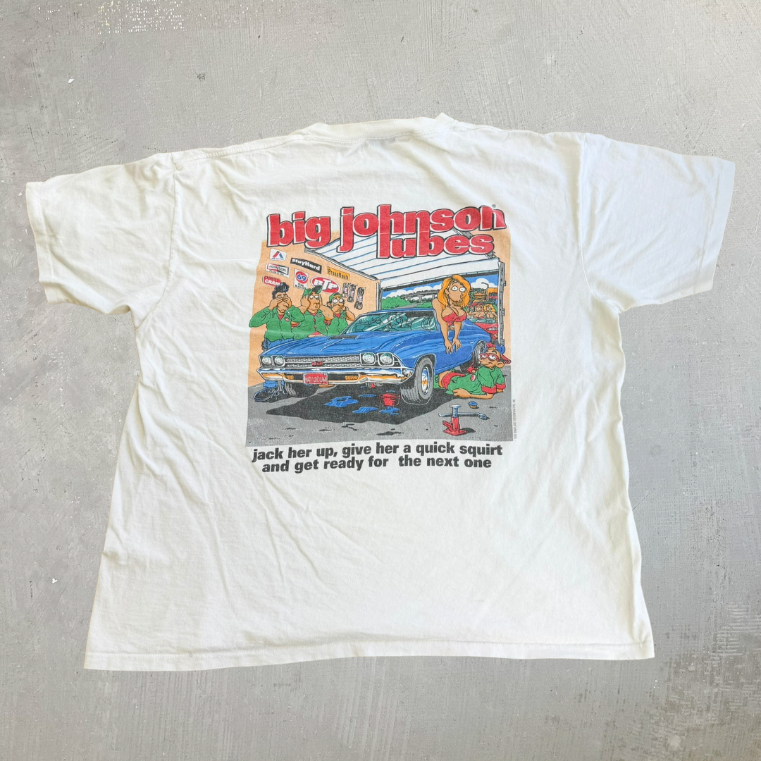J- Vintage 90s Big Johnson Lubes Graphic Made In USA Single Stitch Tee - XL