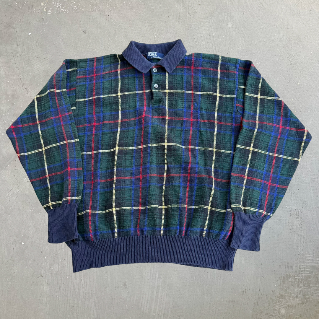 J- Vintage Polo RL Navy/Green Plaid Henley Knit Sweater - XL