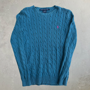 Vintage Women's Ralph Lauren Sports Embroidered Logo Teal Knit Sweater - Women's S