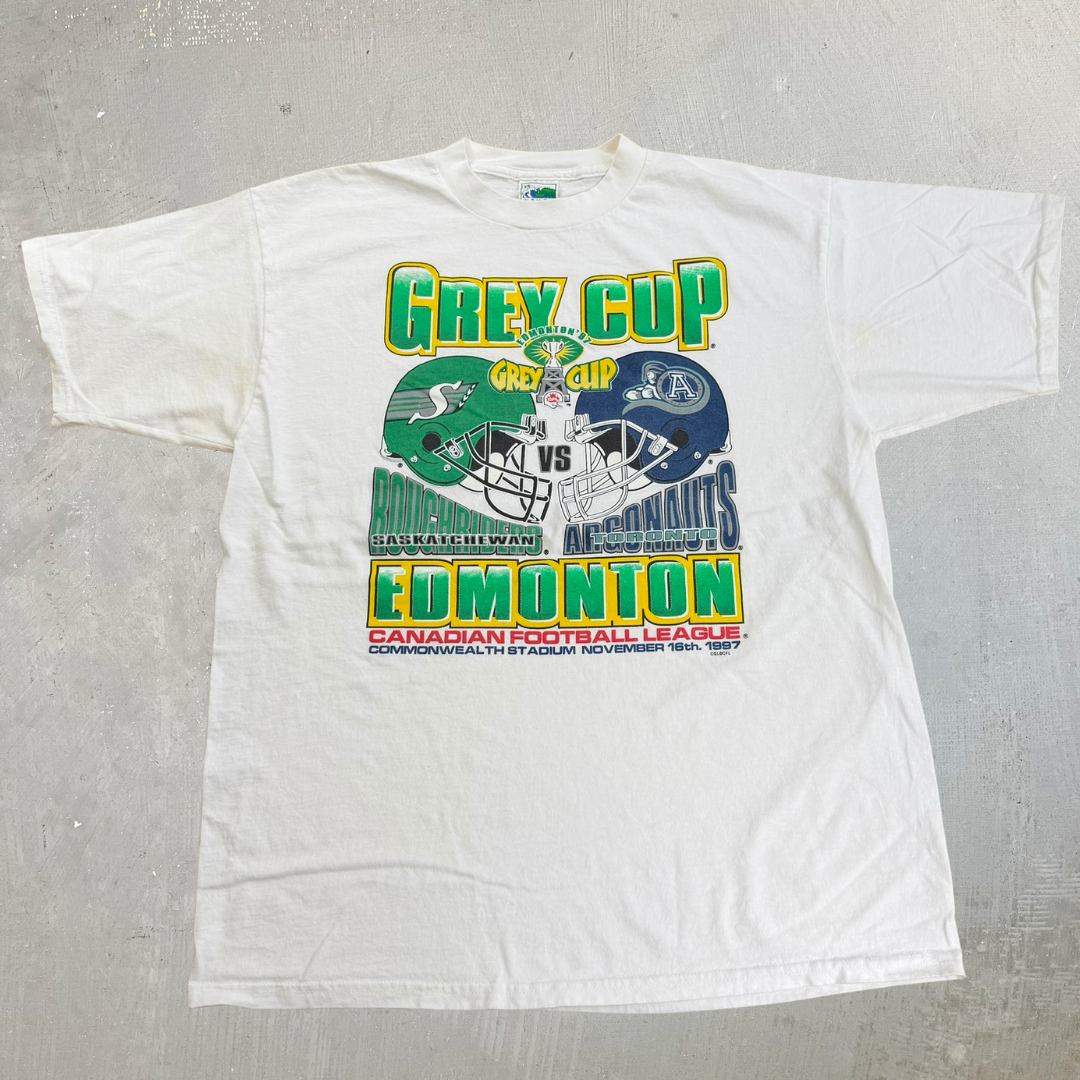 J- Vintage '97 Saskatchewan Roughriders Vs Toronto Argonauts CFL Grey Cup Graphic Tee - XL