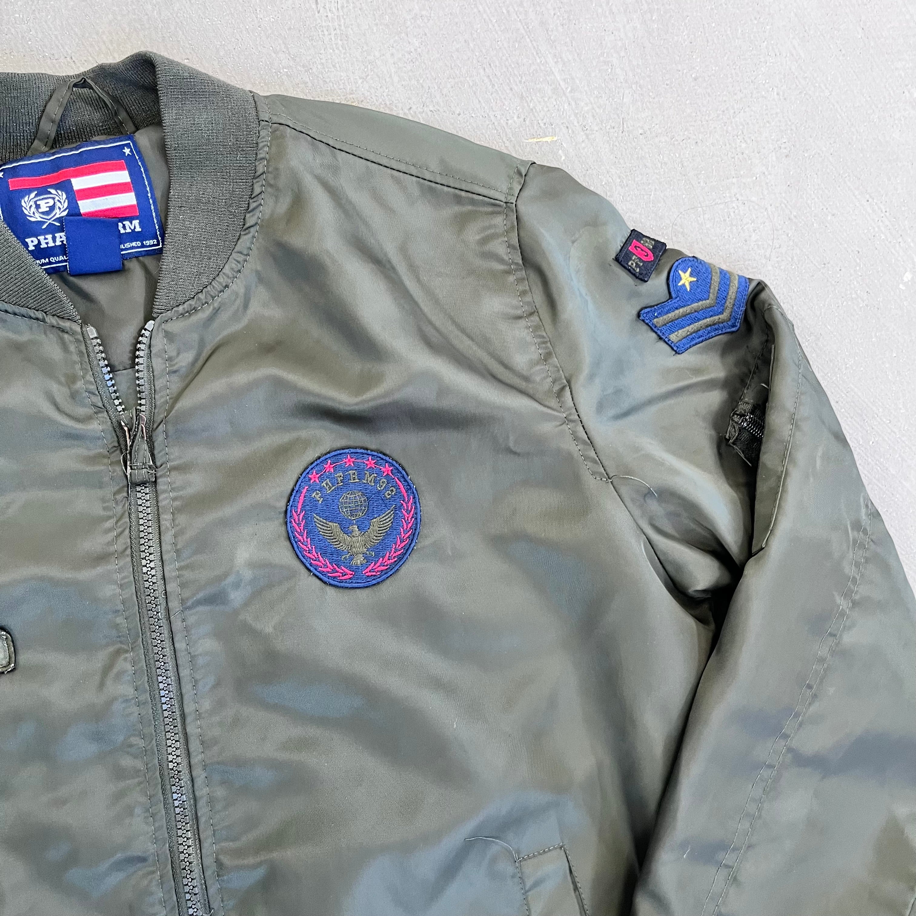 D- Vintage 1992 Phat Farm Satin Bomber Jacket w/ Patches