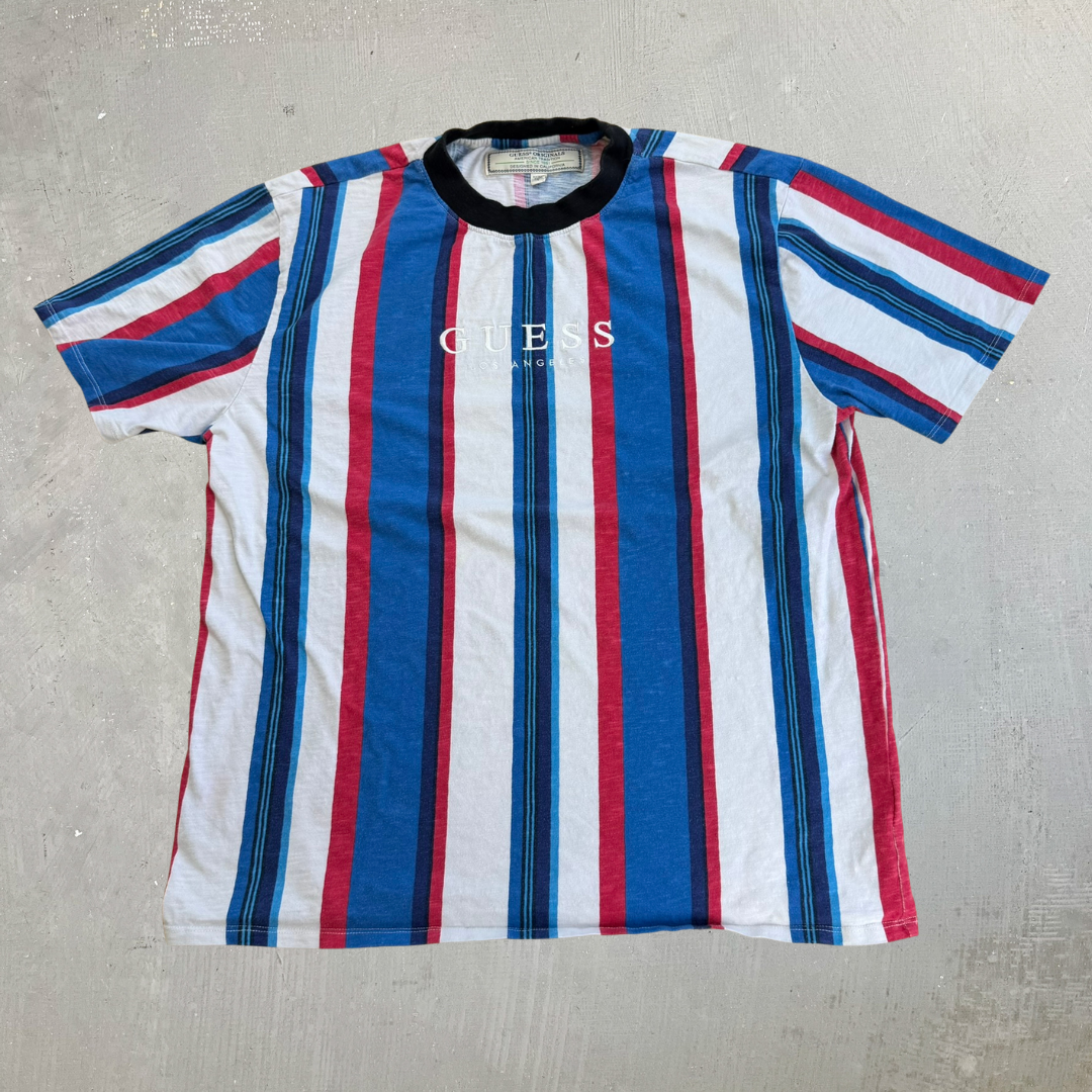 J- Guess Los Angeles Embroidered Text Vertical Striped Tee - L