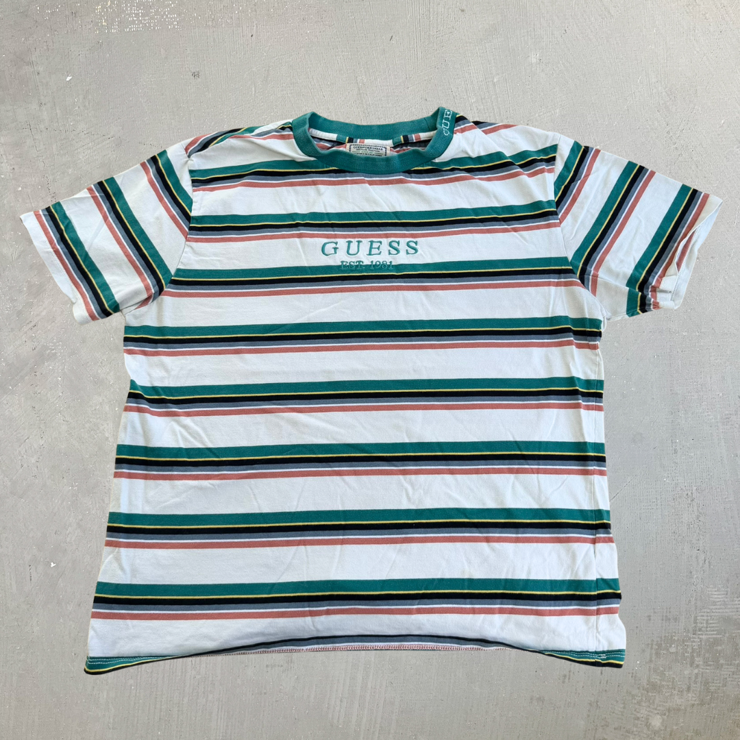 J- Guess Originals Embroidered Text Striped Tee - L