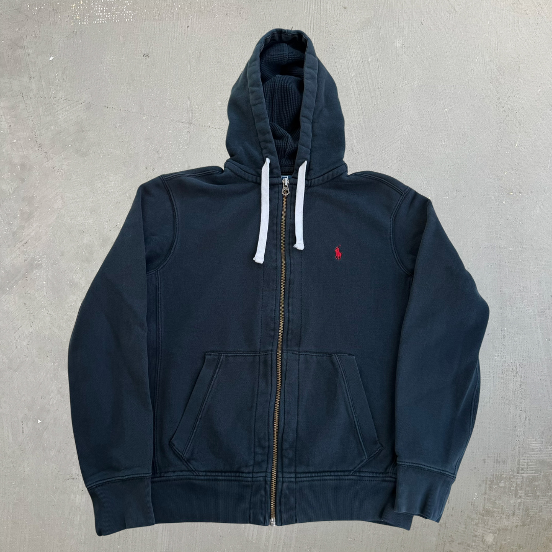 J- Vintage 90s Polo RL Embroidered Logo Zip Up Hoodie - M