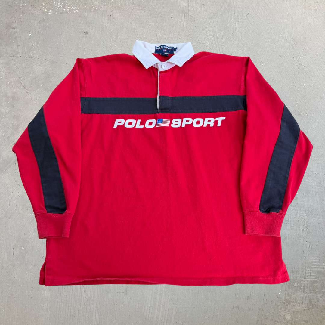 J- Vintage 90s Polo Sport RL Text & USA Flag Rugby Shirt - L