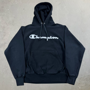 J- Vintage Champion Reverse Weave Embroidered Text Black Hoodie - M