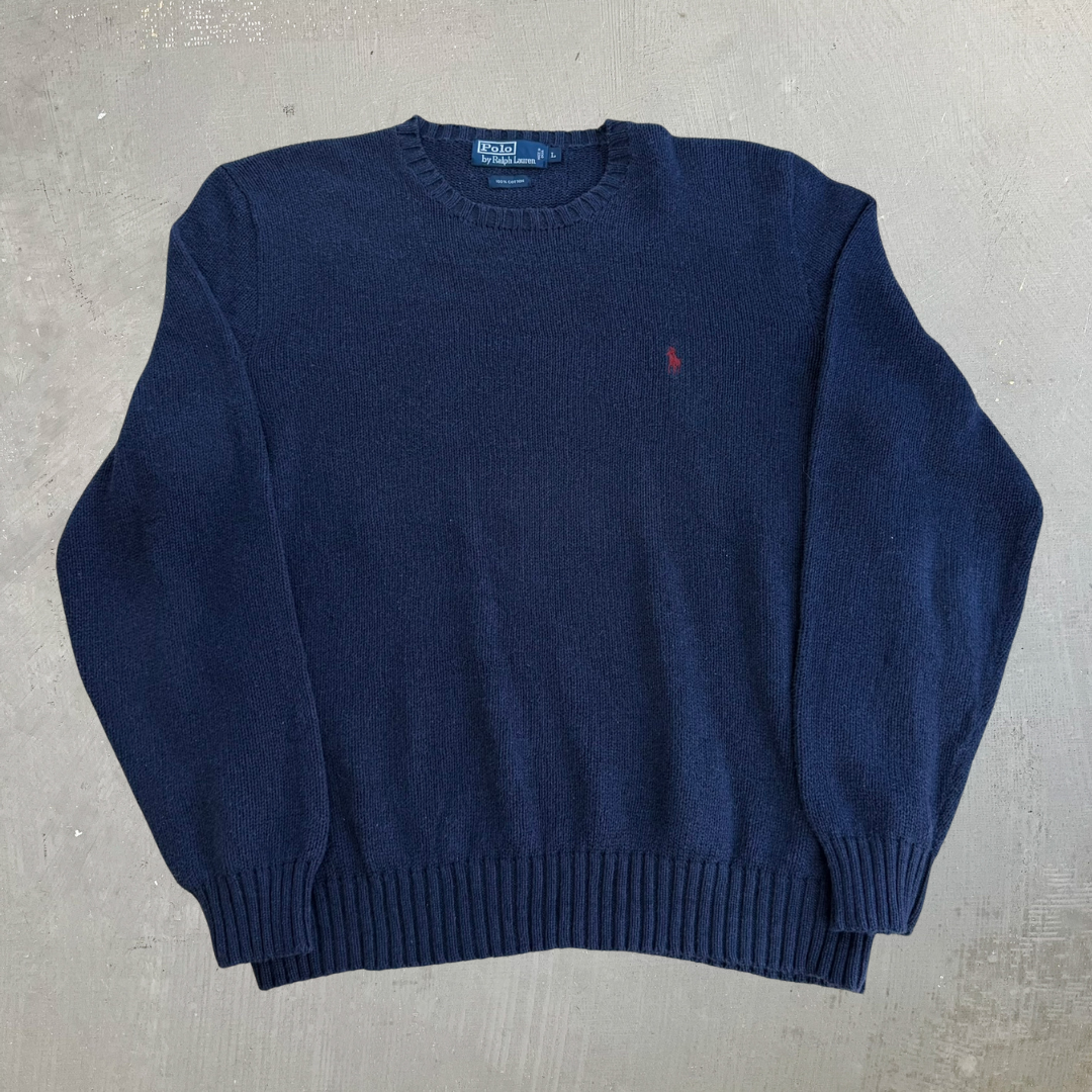 J- Vintage Polo RL Embroidered Logo Navy Knit Sweater - L