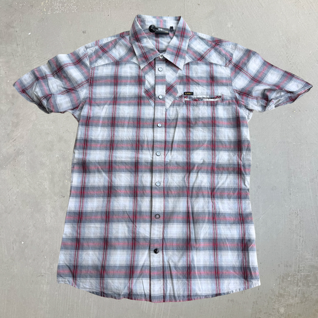 J- Vintage Lee Short Sleeve Western Plaid Pearl Snap Button Down Shirt - L