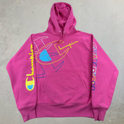 J- Vintage Champion Reverse Weave Graphic Text Pink Hoodie - L