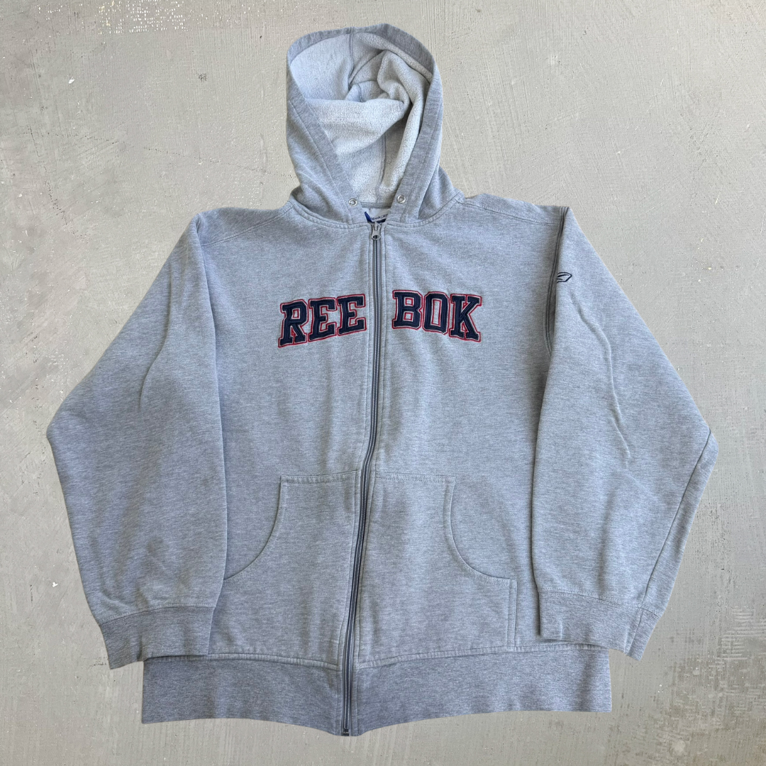 J- Vintage Reebok Embroidered Text Zip Up Hoodie - XL (fits M)