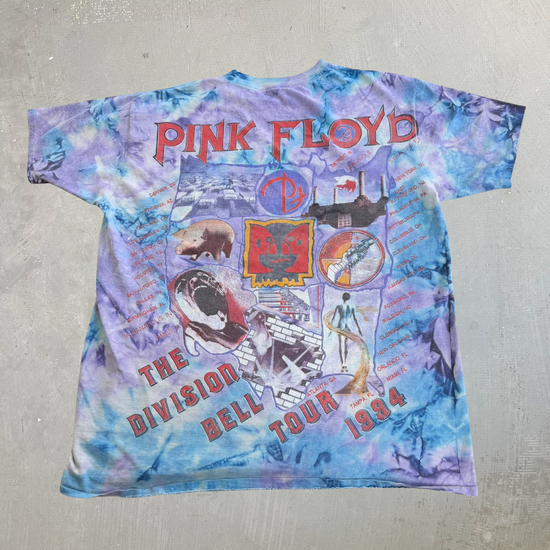 J- Vintage '94 Pink Floyd The Division Bell Tour Graphic Blue/Purple Tie Dye Single Stitch Tee - XL
