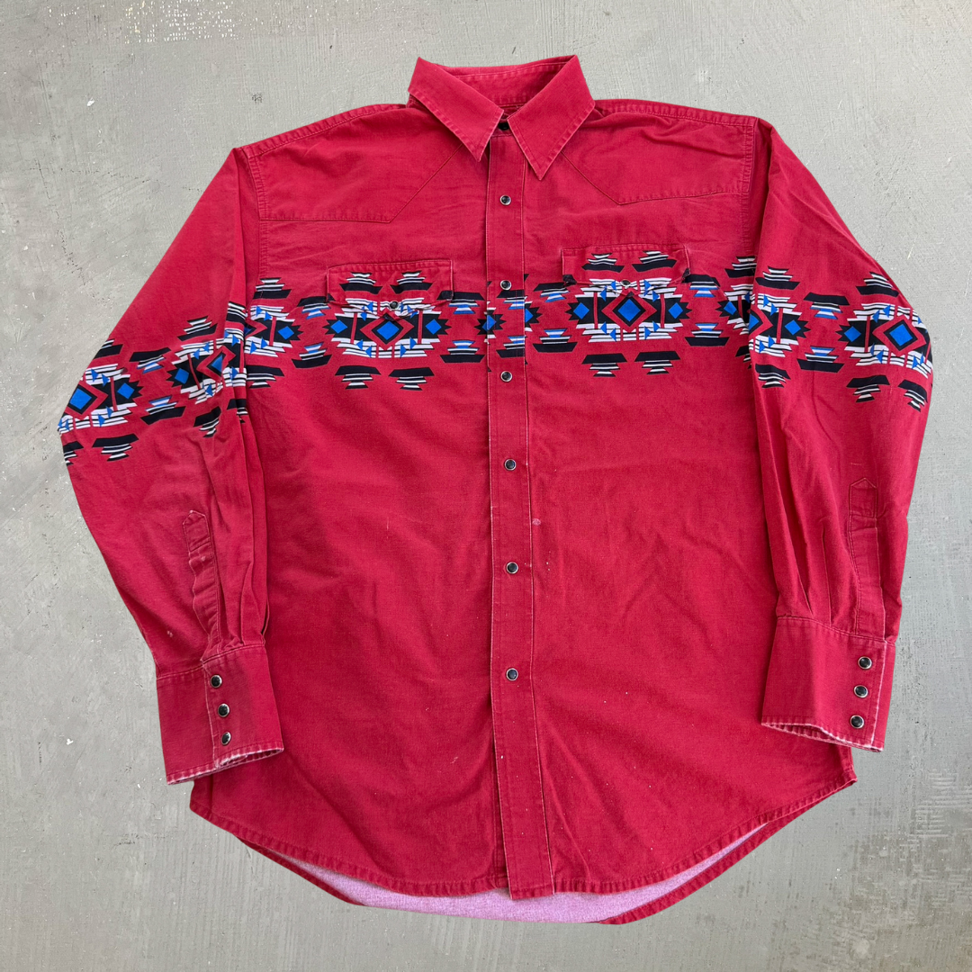 J- Vintage Wrangler Western Graphic Red Snap Button Down Shirt - L