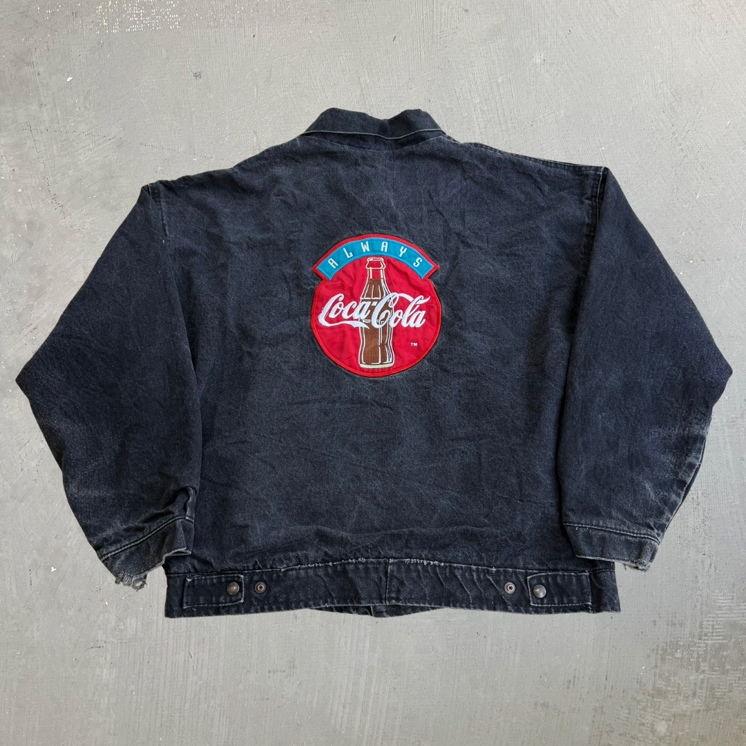 J- Vintage 90s Coca Cola Embroidered Logo Black Denim Jacket - XL