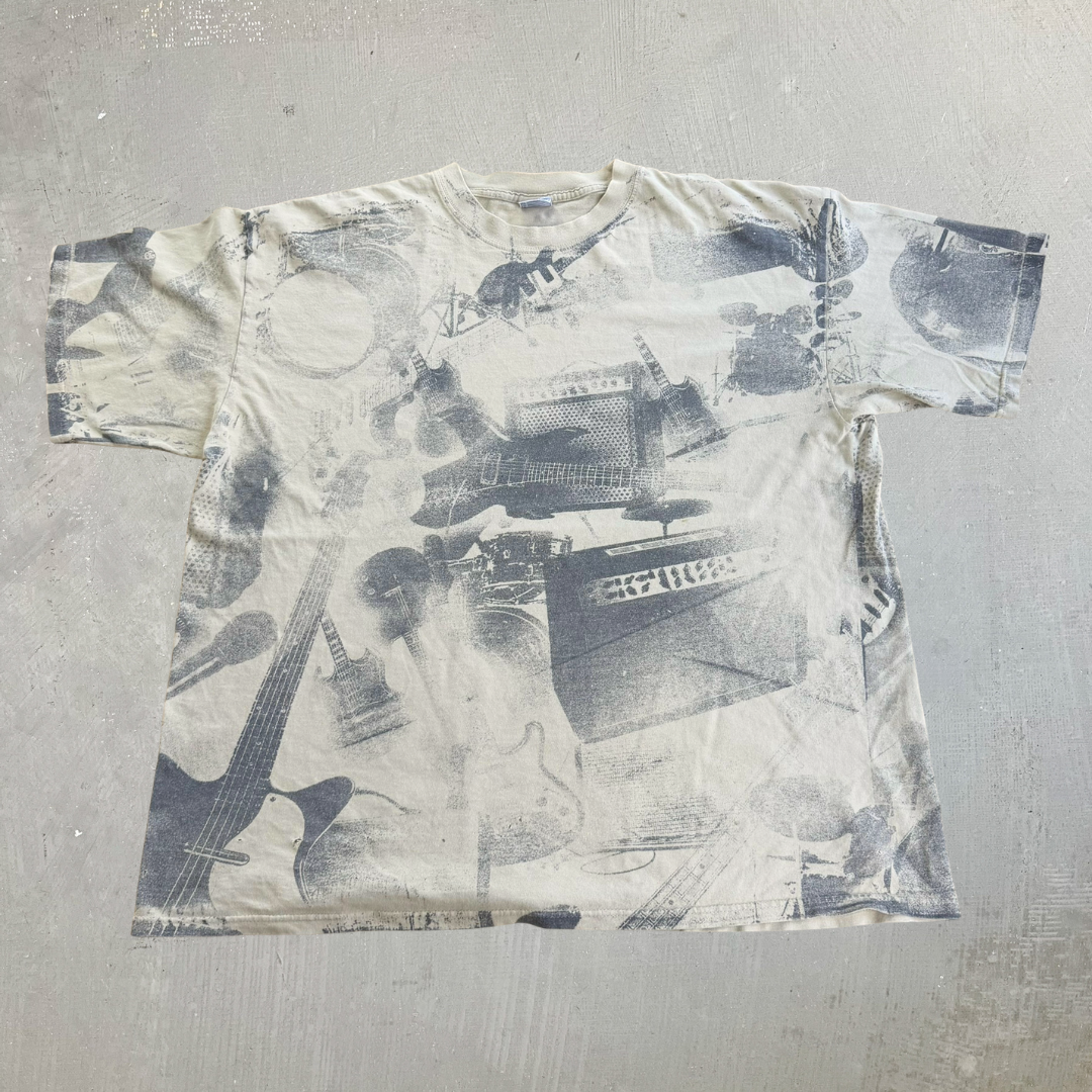 J- Vintage Guitars & Drum Sets All Over Print Graphic Tee - XL