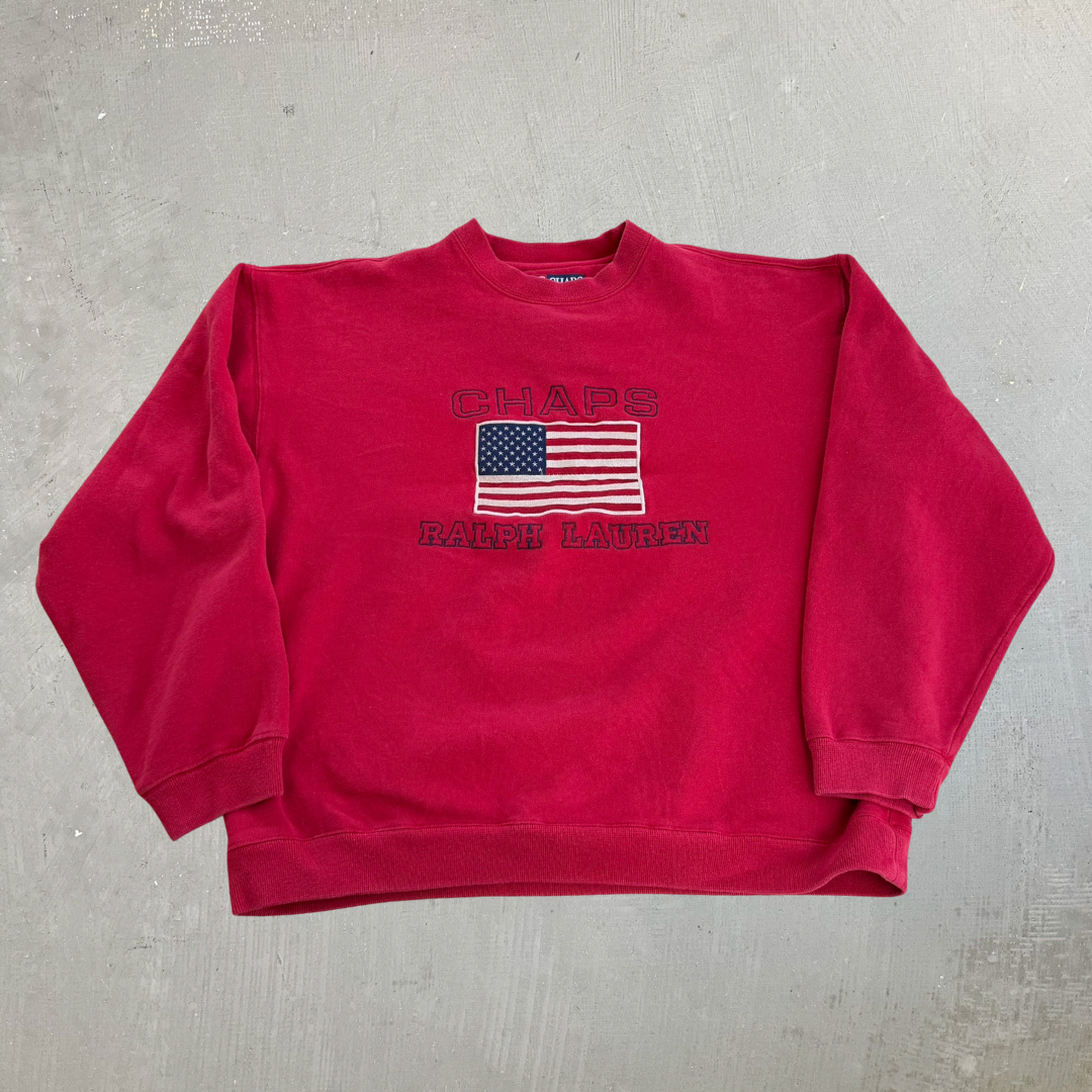 J- Vintage Ralph Lauren Chaps Embroidered US Flag & Text Crewneck - M