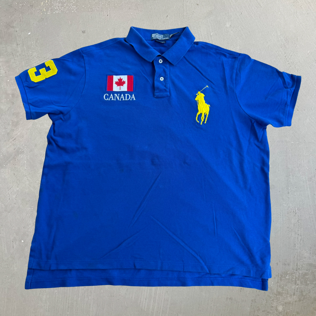 J- Vintage Polo RL Canada Embroidered Flag Text & Logo Short Sleeve Polo Shirt - XL
