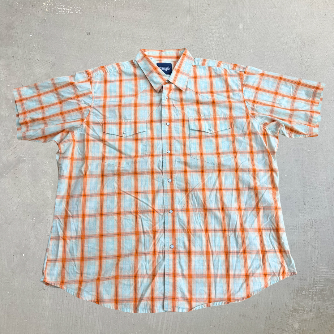 J- Vintage Wrangler Short Sleeve Western Plaid Pearl Snap Button Down Shirt - 2XL