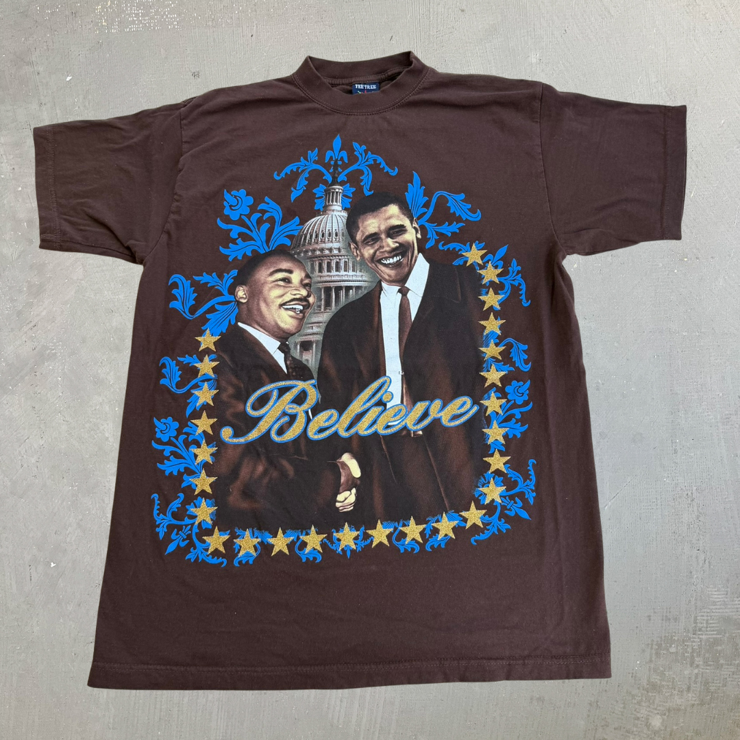 J- Vintage MLK & Obama Believe Text & Graphic Tee - L (fits XL)