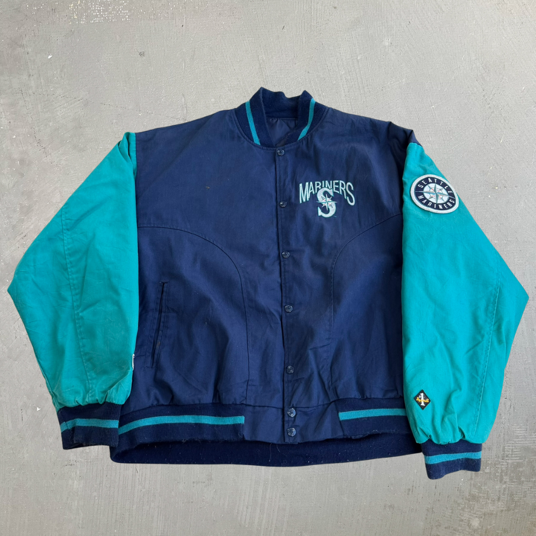 J- Vintage 90s Seattle Mariners MLB #1 Apparel Embroidered Logo Made In USA Winter Bomber Jacket - XL
