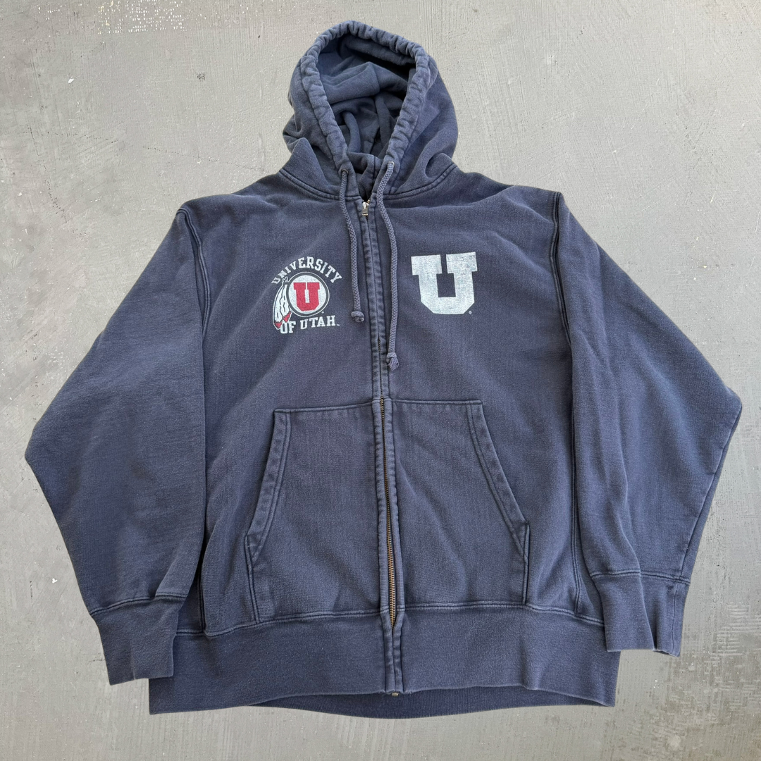 J- Vintage University Of Utah Logo Graphic Zip Up Champion Reverse Weave Hoodie - L