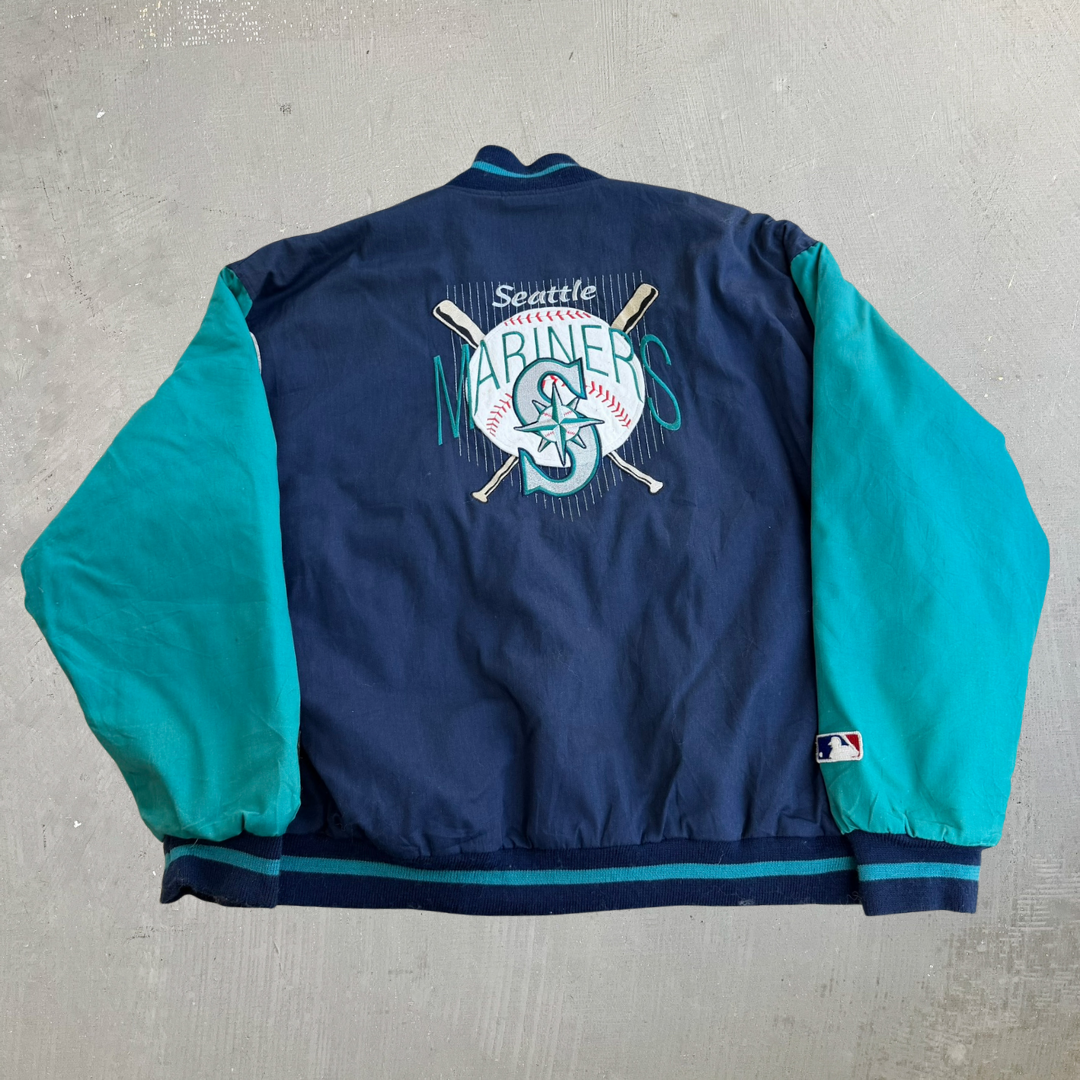 J- Vintage 90s Seattle Mariners MLB #1 Apparel Embroidered Logo Made In USA Winter Bomber Jacket - XL