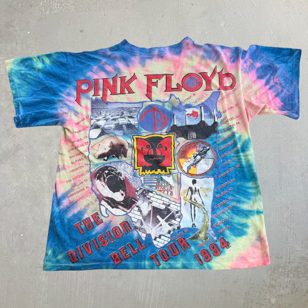 J- Vintage '94 Pink Floyd The Division Bell Tour Graphic Blue/Yellow Tie Dye Single Stitch Tee - XL