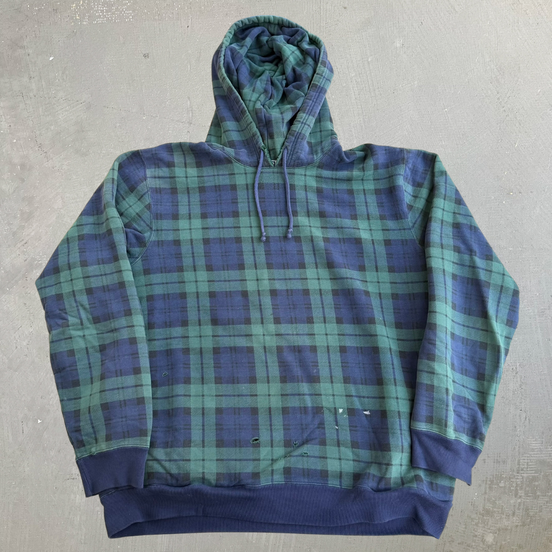 J- Vintage 90s Polo RL All Over Plaid Navy/Green Hoodie - XL