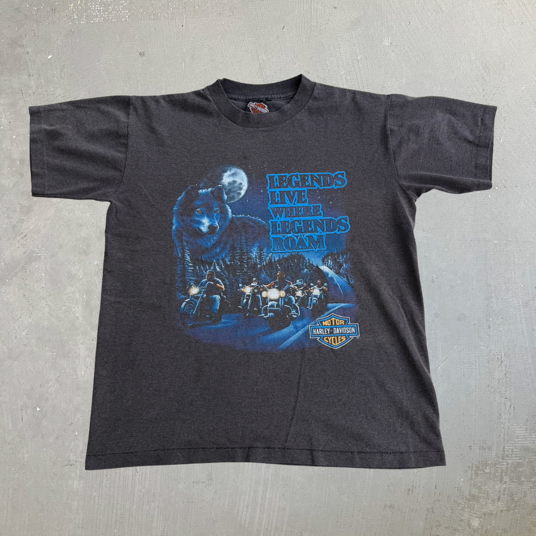 J- Vintage 90s Harley Davidson Legends Live Where Legends Roam Graphic Made In USA Single Stitch Tee - M
