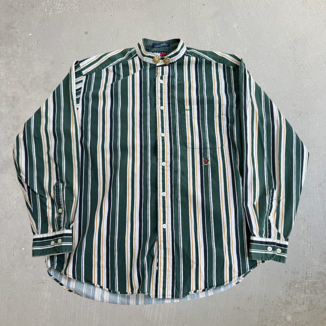 J- Vintage 90s Tommy Hilfiger Embroidered Crest Striped Button Down Shirt - M
