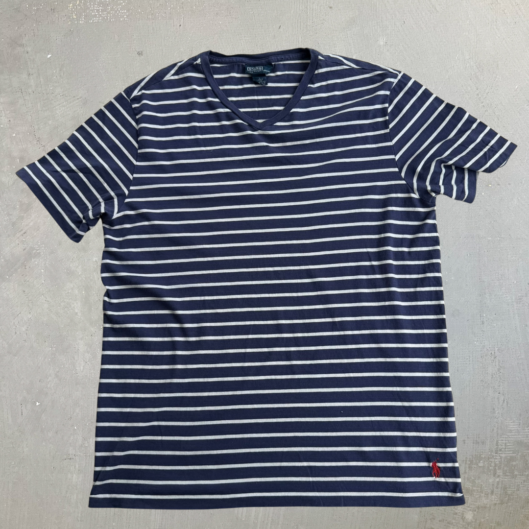 J- Vintage Polo RL Navy/White Striped V-Neck Tee - L