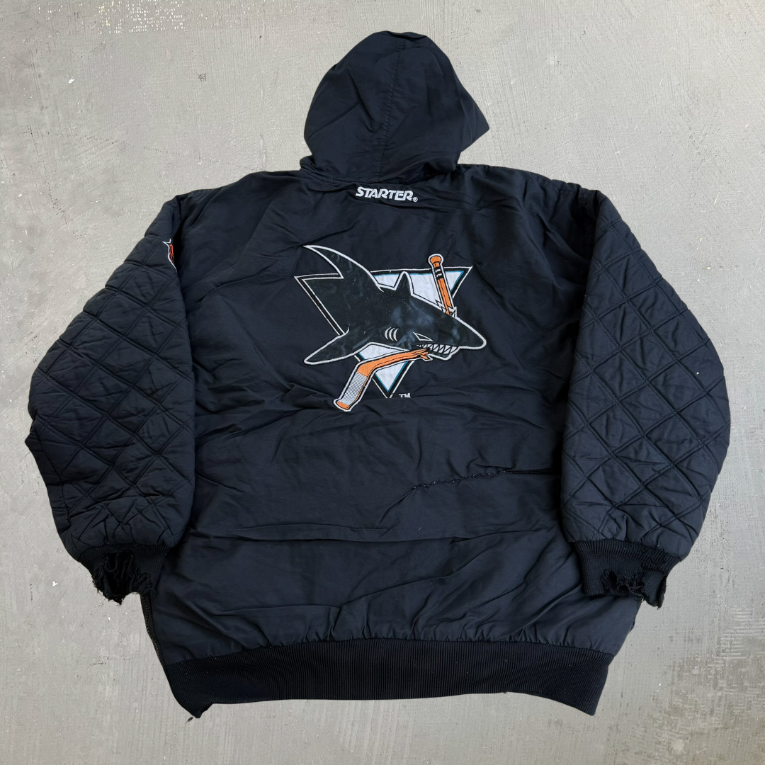J- Vintage San Jose Sharks NHL Starter Hooded Zip Up Winter Jacket - XL