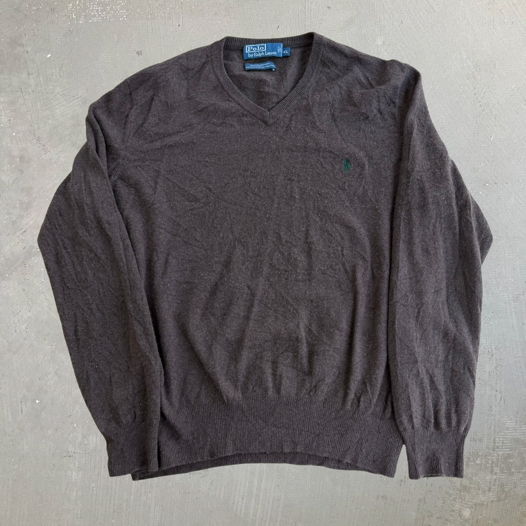 J- Vintage 90s Polo RL Embroidered Logo Brown Knit Sweater - XL
