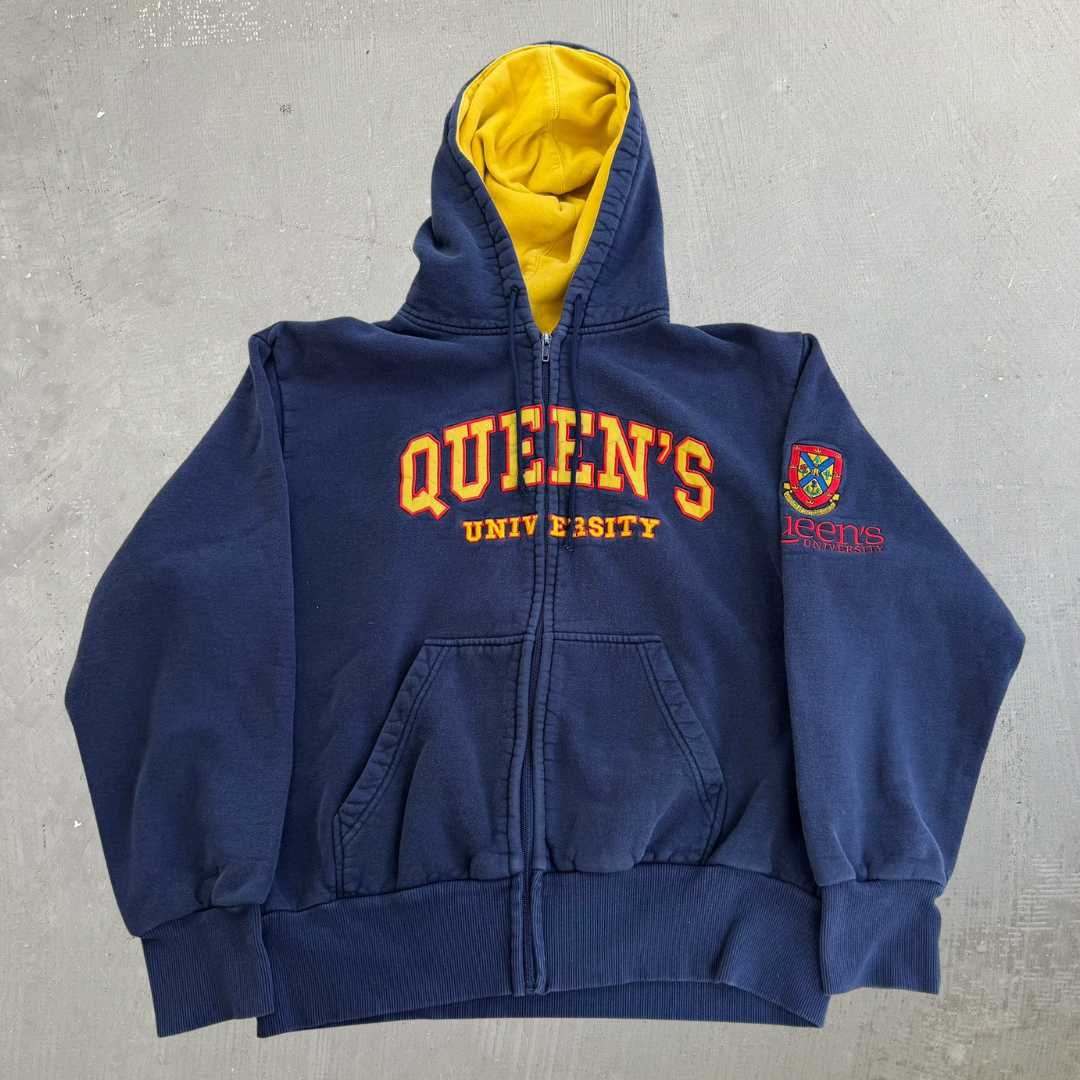 J- Vintage Queen's University Embroidered Logo Zip Up Hoodie - L