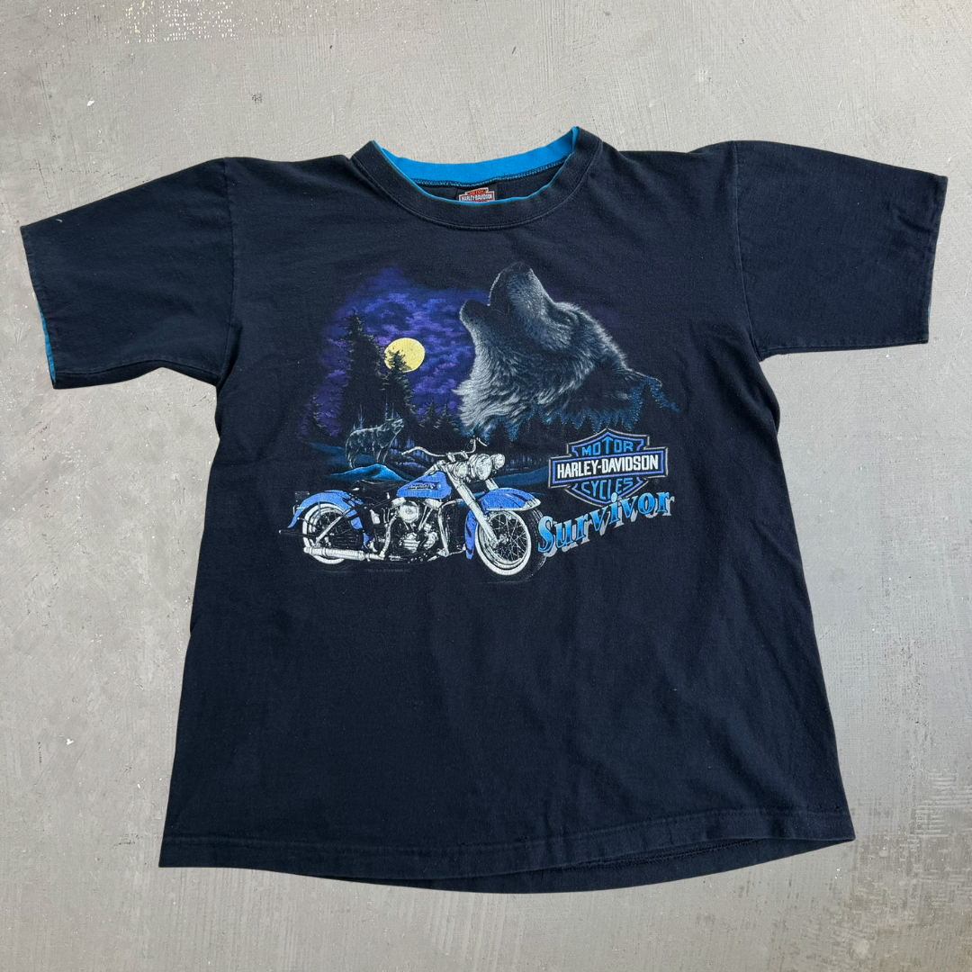 J- Vintage '93 Harley Davidson Daytona Beach Florida Survivor Made In USA Double Collar Tee - L