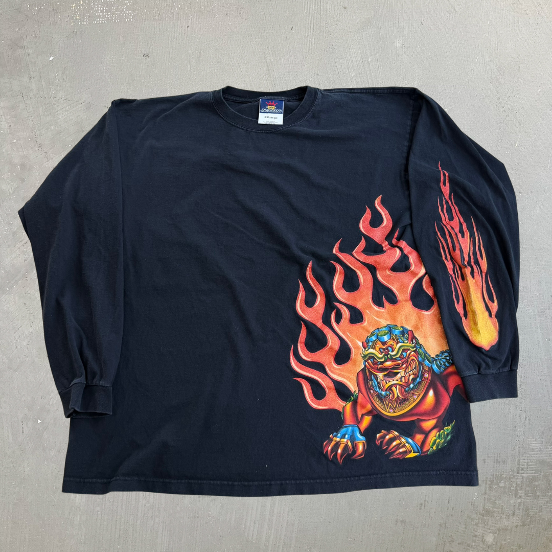 J- Vintage Y2K JNCO Jeans Flames & Dragon Graphic Made In USA Long Sleeve Tee - 2XL