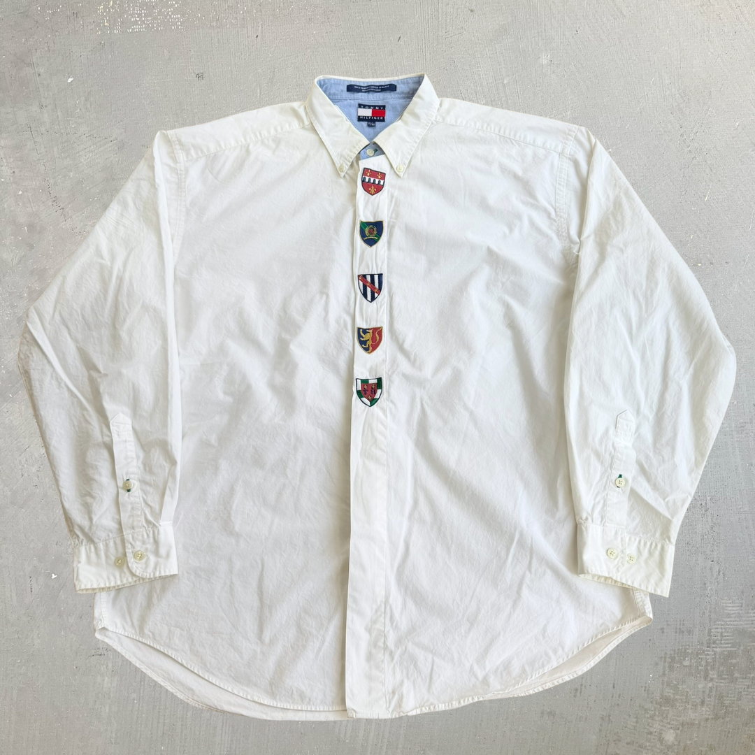 J- Vintage 90s Tommy Hilfiger Embroidered Crests White Button Down Shirt - XL