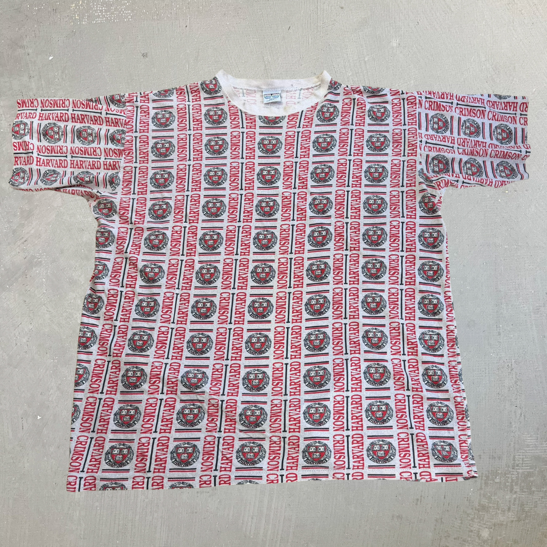 J- Vintage Harvard Logo All Over Print Made In USA Single Stitch Tee - OSFA (fits 2XL)