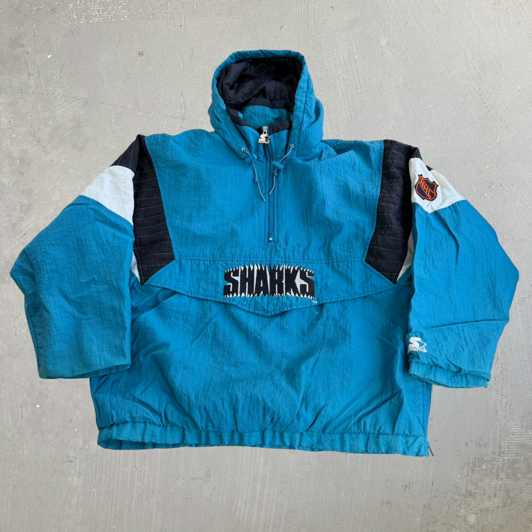 J- Vintage 90's San Jose Sharks NHL Starter Embroidered Logo Anorak Pullover Winter Jacket - L