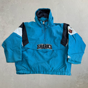 J- Vintage 90's San Jose Sharks NHL Starter Embroidered Logo Anorak Pullover Winter Jacket - L