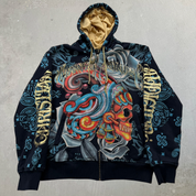 J- Vintage Y2K Christian Audigier Rhinestones Aztec Skull Jumbo Print Zip Up Hoodie - XL