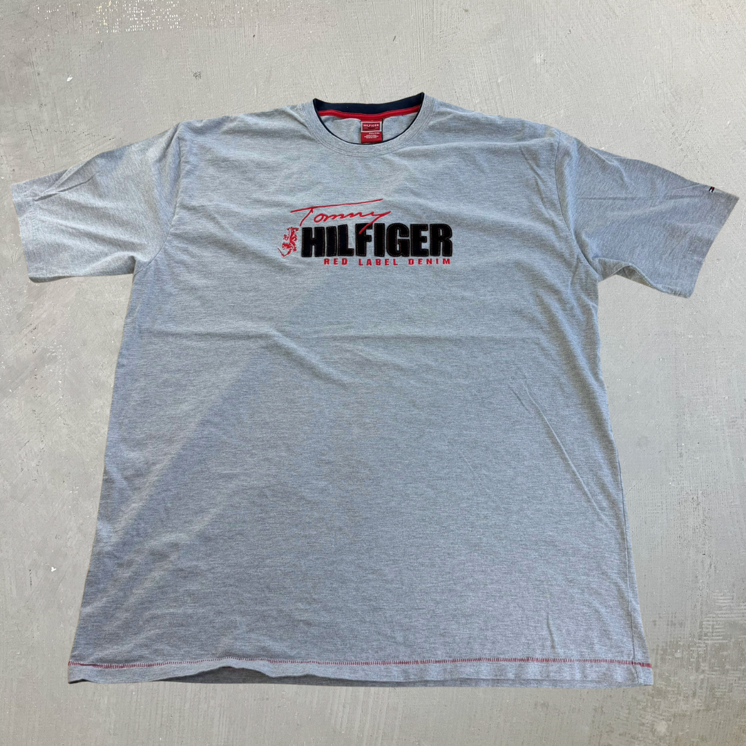 J- Vintage Tommy Hilfiger Red Label Denim Felt Embroidered Text Tee - 2XL