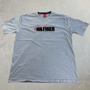 J- Vintage Tommy Hilfiger Red Label Denim Felt Embroidered Text Tee - 2XL