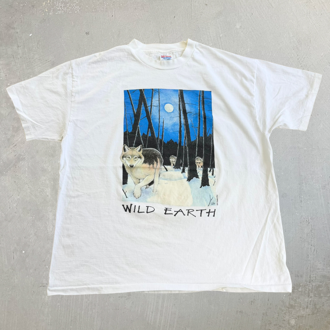J- Vintage '95 Wild Earth Wolves Night Forest Graphic Made In USA Single Stitch Tee - XL