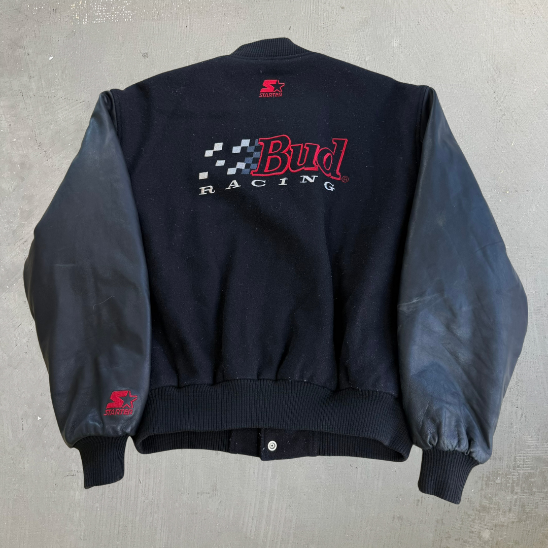 J- Vintage Nascar Bud Racing Starter Embroidered Text & Logo Varsity Jacket - XL