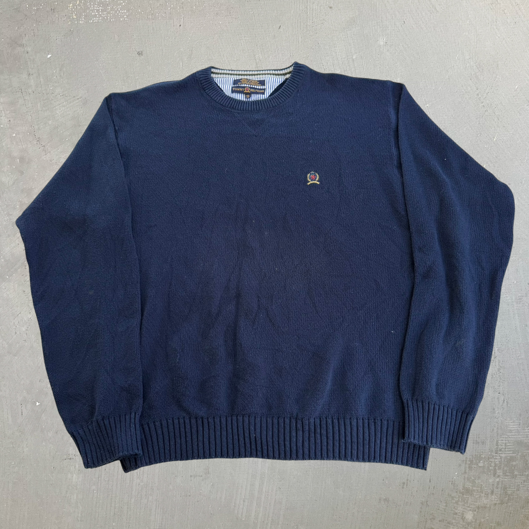 J- Vintage Tommy Hilfiger Embroidered Crest Navy Knit Sweater - 2XL