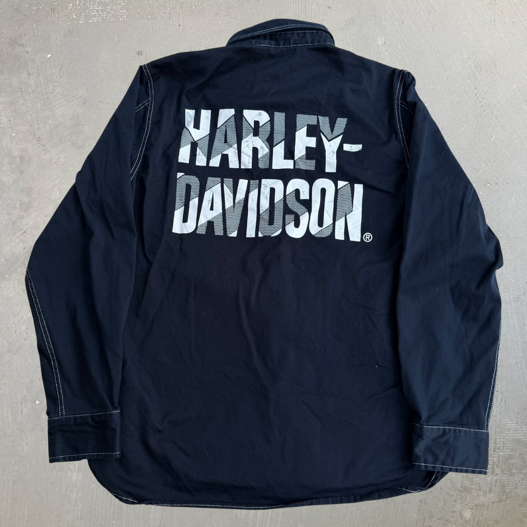 J- Harley Davidson Text Logo Button Down Shirt - L Slim